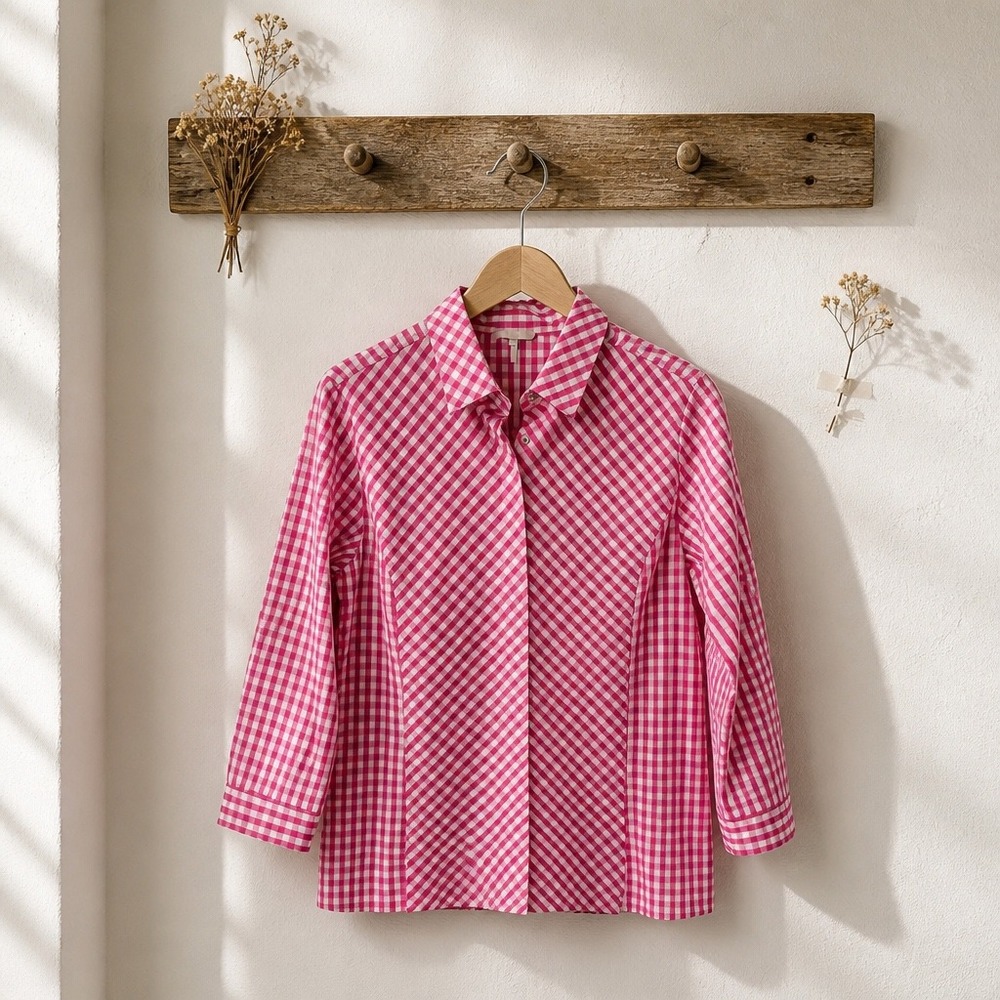 Hinson Wu Alison Pink Gingham Check Cotton Button Up Shirt W Medium 3/4 Slv NWOT